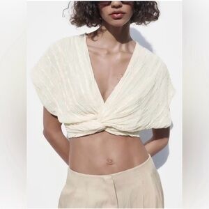 Zara Twist Front Sequin Lace Cream Women's Blouse Size L